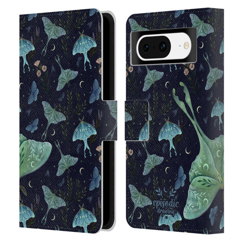 Episodic Drawing Moth Patterns Green Leather Book Wallet Case Cover For Google Pixel 8