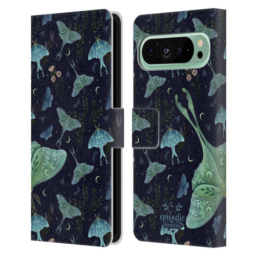 Episodic Drawing Moth Patterns Green Leather Book Wallet Case Cover For Google Pixel 9 Pro XL