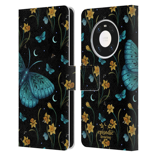 Episodic Drawing Moth Patterns Daffodil Flowers Leather Book Wallet Case Cover For Huawei Mate 40 Pro 5G