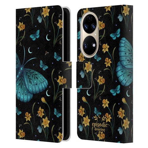 Episodic Drawing Moth Patterns Daffodil Flowers Leather Book Wallet Case Cover For Huawei P50