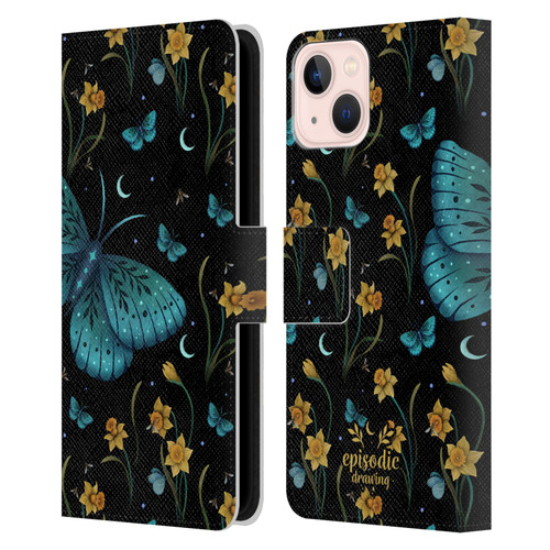 Episodic Drawing Moth Patterns Daffodil Flowers Leather Book Wallet Case Cover For Apple iPhone 13