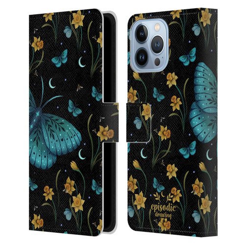 Episodic Drawing Moth Patterns Daffodil Flowers Leather Book Wallet Case Cover For Apple iPhone 13 Pro Max