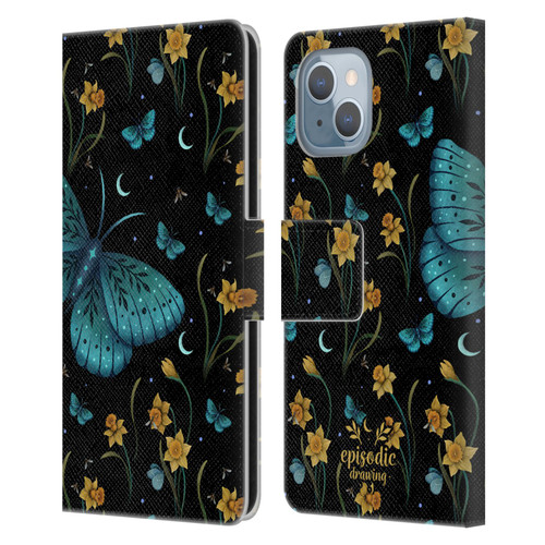 Episodic Drawing Moth Patterns Daffodil Flowers Leather Book Wallet Case Cover For Apple iPhone 14