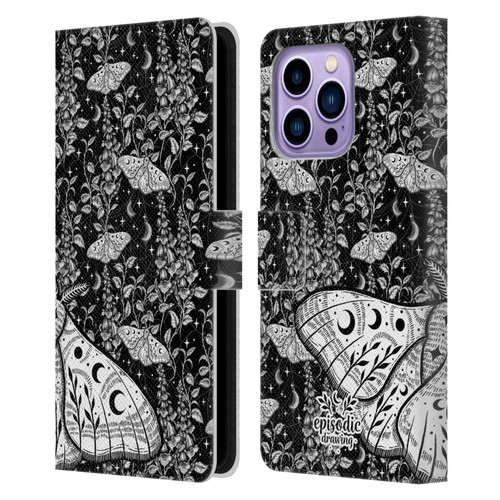 Episodic Drawing Moth Patterns White Leather Book Wallet Case Cover For Apple iPhone 14 Pro Max