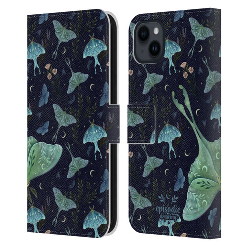 Episodic Drawing Moth Patterns Green Leather Book Wallet Case Cover For Apple iPhone 15 Plus