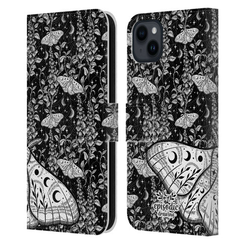 Episodic Drawing Moth Patterns White Leather Book Wallet Case Cover For Apple iPhone 15 Plus