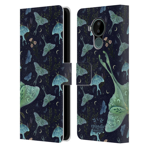 Episodic Drawing Moth Patterns Green Leather Book Wallet Case Cover For Nokia C30
