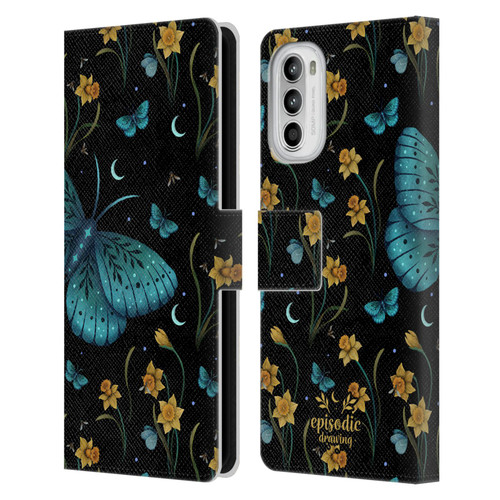Episodic Drawing Moth Patterns Daffodil Flowers Leather Book Wallet Case Cover For Motorola Moto G52