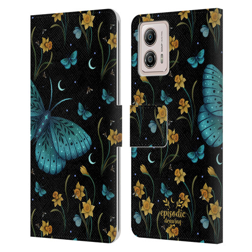 Episodic Drawing Moth Patterns Daffodil Flowers Leather Book Wallet Case Cover For Motorola Moto G53 5G