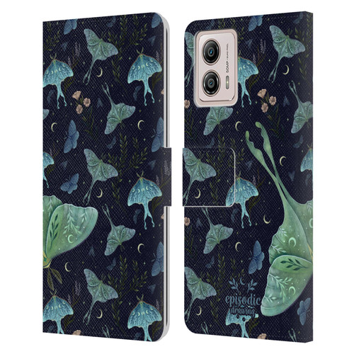 Episodic Drawing Moth Patterns Green Leather Book Wallet Case Cover For Motorola Moto G53 5G
