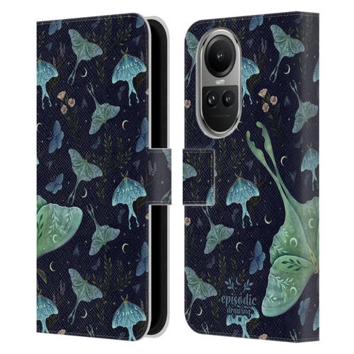 Episodic Drawing Moth Patterns Green Leather Book Wallet Case Cover For OPPO Reno10 5G / Reno10 Pro 5G