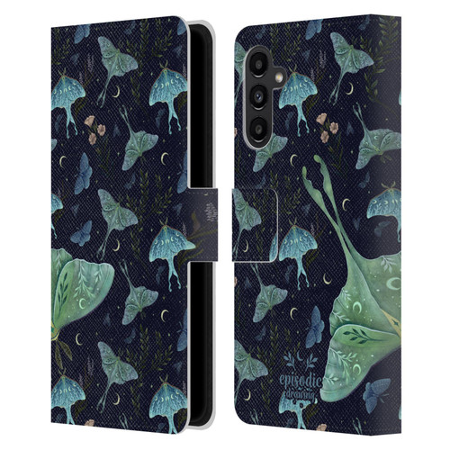 Episodic Drawing Moth Patterns Green Leather Book Wallet Case Cover For Samsung Galaxy A13 5G (2021)
