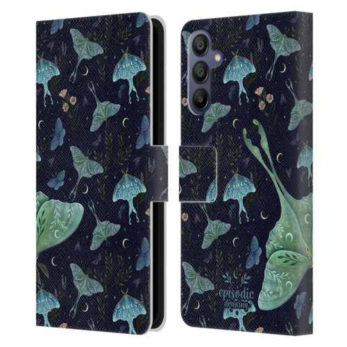 Episodic Drawing Moth Patterns Green Leather Book Wallet Case Cover For Samsung Galaxy A15