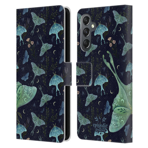 Episodic Drawing Moth Patterns Green Leather Book Wallet Case Cover For Samsung Galaxy A25 5G