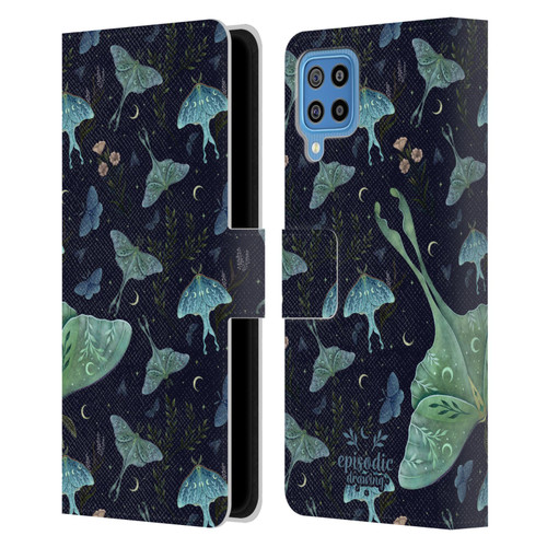 Episodic Drawing Moth Patterns Green Leather Book Wallet Case Cover For Samsung Galaxy F22 (2021)