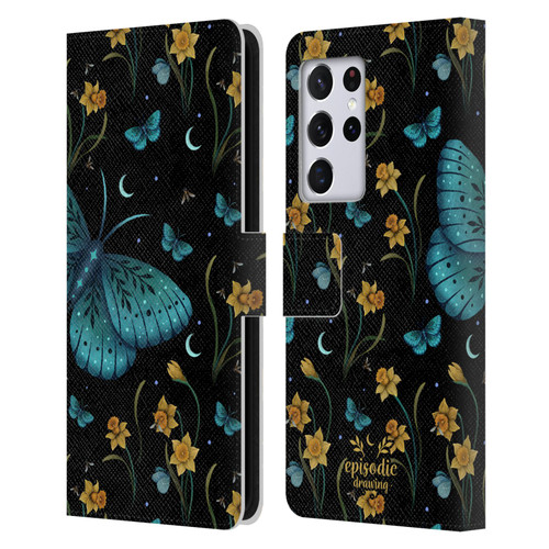 Episodic Drawing Moth Patterns Daffodil Flowers Leather Book Wallet Case Cover For Samsung Galaxy S21 Ultra 5G