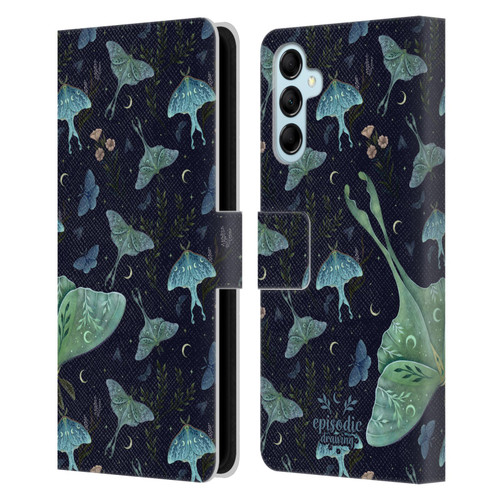 Episodic Drawing Moth Patterns Green Leather Book Wallet Case Cover For Samsung Galaxy M14 5G