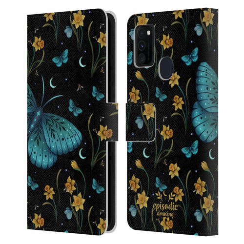 Episodic Drawing Moth Patterns Daffodil Flowers Leather Book Wallet Case Cover For Samsung Galaxy M30s (2019)/M21 (2020)