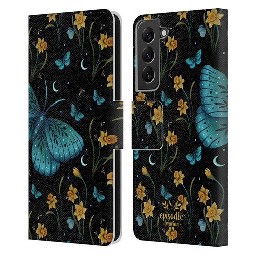 Episodic Drawing Moth Patterns Daffodil Flowers Leather Book Wallet Case Cover For Samsung Galaxy S22+ 5G