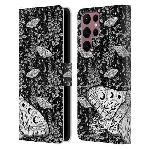 Episodic Drawing Moth Patterns White Leather Book Wallet Case Cover For Samsung Galaxy S22 Ultra 5G