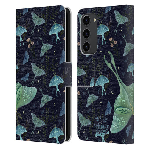 Episodic Drawing Moth Patterns Green Leather Book Wallet Case Cover For Samsung Galaxy S23+ 5G