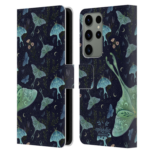 Episodic Drawing Moth Patterns Green Leather Book Wallet Case Cover For Samsung Galaxy S23 Ultra 5G