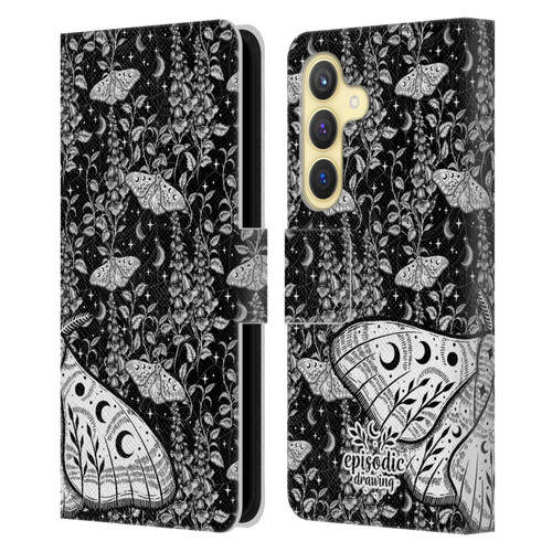Episodic Drawing Moth Patterns White Leather Book Wallet Case Cover For Samsung Galaxy S24 5G