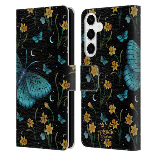 Episodic Drawing Moth Patterns Daffodil Flowers Leather Book Wallet Case Cover For Samsung Galaxy S24+ 5G