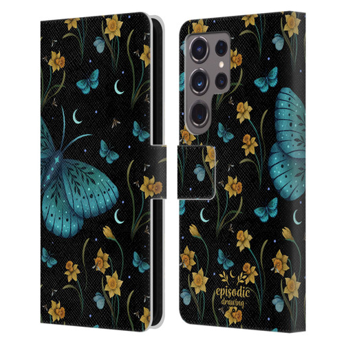 Episodic Drawing Moth Patterns Daffodil Flowers Leather Book Wallet Case Cover For Samsung Galaxy S24 Ultra 5G
