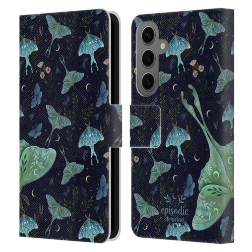 Episodic Drawing Moth Patterns Green Leather Book Wallet Case Cover For Samsung Galaxy S25