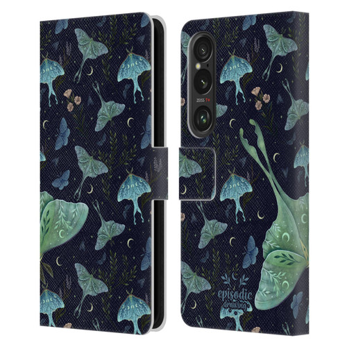 Episodic Drawing Moth Patterns Green Leather Book Wallet Case Cover For Sony Xperia 1 VI 5G