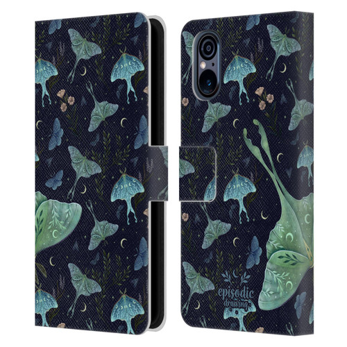 Episodic Drawing Moth Patterns Green Leather Book Wallet Case Cover For Sony Xperia 5 V 5G