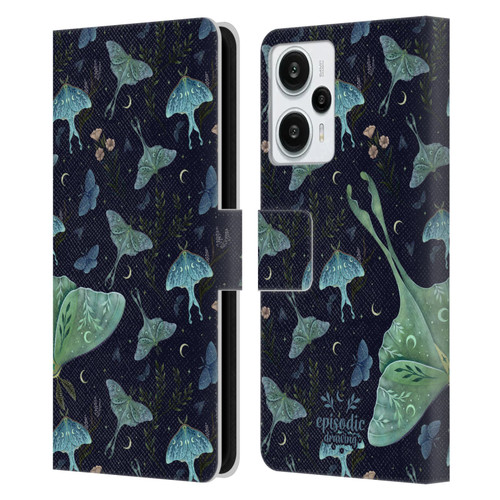 Episodic Drawing Moth Patterns Green Leather Book Wallet Case Cover For Xiaomi Redmi Note 12T