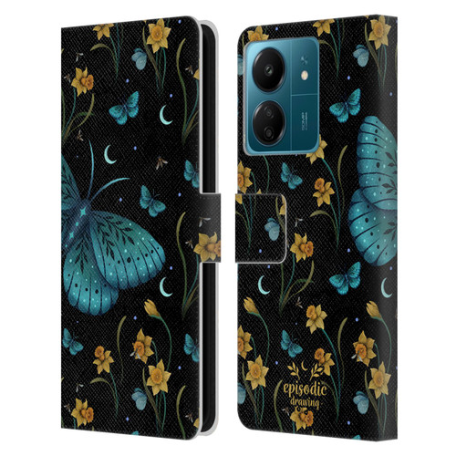 Episodic Drawing Moth Patterns Daffodil Flowers Leather Book Wallet Case Cover For Xiaomi Redmi 13C 4G