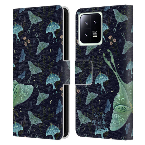 Episodic Drawing Moth Patterns Green Leather Book Wallet Case Cover For Xiaomi 13 5G