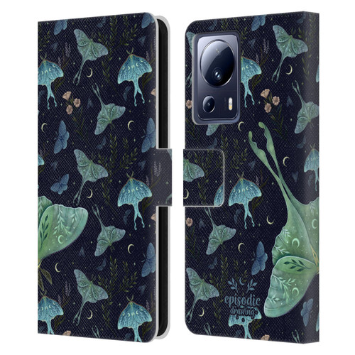 Episodic Drawing Moth Patterns Green Leather Book Wallet Case Cover For Xiaomi 13 Lite 5G