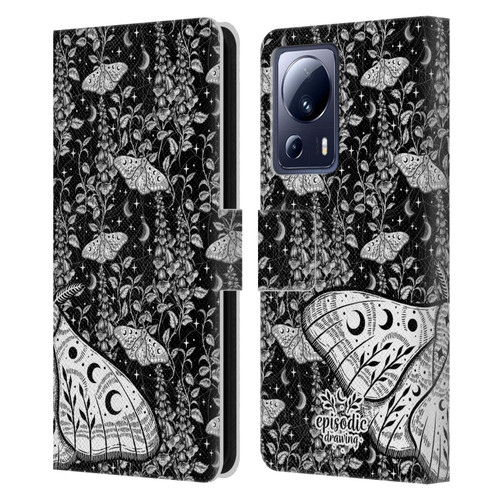 Episodic Drawing Moth Patterns White Leather Book Wallet Case Cover For Xiaomi 13 Lite 5G