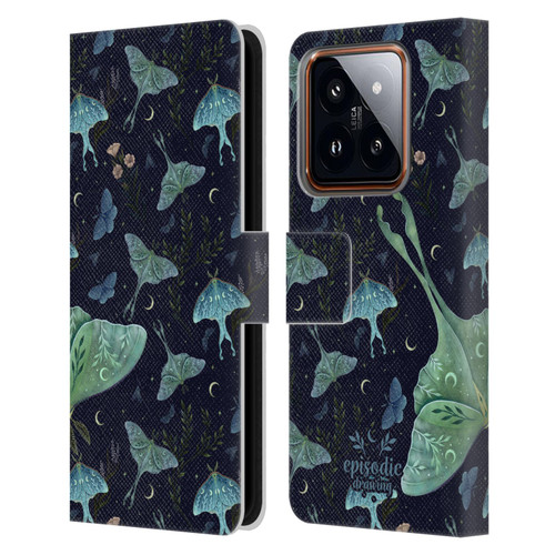 Episodic Drawing Moth Patterns Green Leather Book Wallet Case Cover For Xiaomi 14