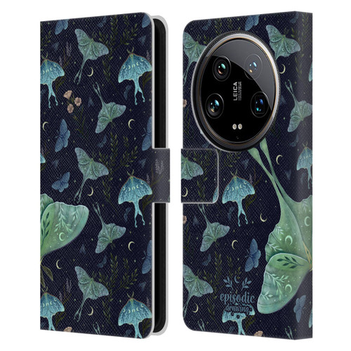 Episodic Drawing Moth Patterns Green Leather Book Wallet Case Cover For Xiaomi 14 Ultra