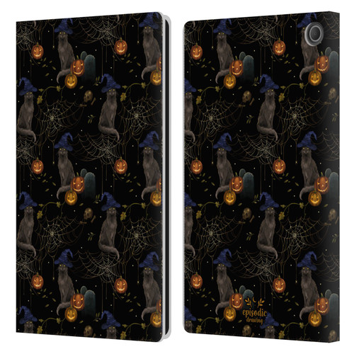 Episodic Drawing Spooky Patterns Cat's Halloween Hat Leather Book Wallet Case Cover For Amazon Fire Max 11 2023
