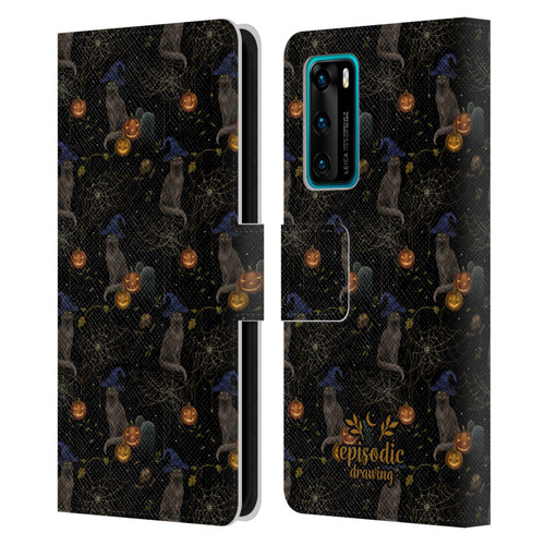 Episodic Drawing Spooky Patterns Cat's Halloween Hat Leather Book Wallet Case Cover For Huawei P40 5G