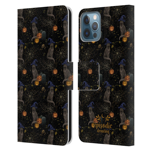 Episodic Drawing Spooky Patterns Cat's Halloween Hat Leather Book Wallet Case Cover For Apple iPhone 12 / iPhone 12 Pro