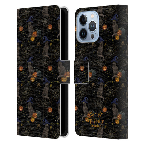 Episodic Drawing Spooky Patterns Cat's Halloween Hat Leather Book Wallet Case Cover For Apple iPhone 13 Pro Max