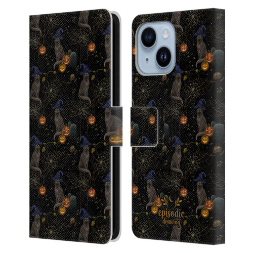 Episodic Drawing Spooky Patterns Cat's Halloween Hat Leather Book Wallet Case Cover For Apple iPhone 14 Plus