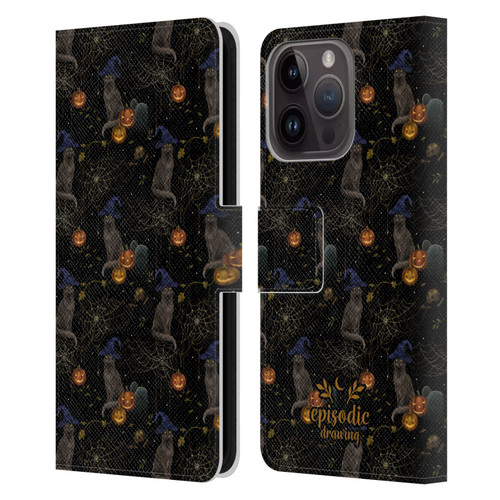 Episodic Drawing Spooky Patterns Cat's Halloween Hat Leather Book Wallet Case Cover For Apple iPhone 15 Pro
