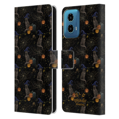 Episodic Drawing Spooky Patterns Cat's Halloween Hat Leather Book Wallet Case Cover For Motorola Moto G34 5G