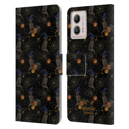 Episodic Drawing Spooky Patterns Cat's Halloween Hat Leather Book Wallet Case Cover For Motorola Moto G53 5G
