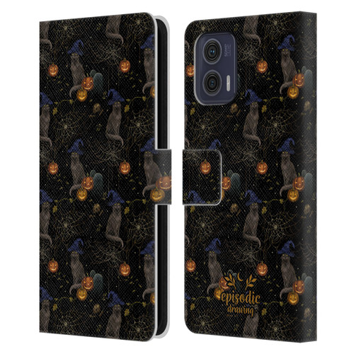 Episodic Drawing Spooky Patterns Cat's Halloween Hat Leather Book Wallet Case Cover For Motorola Moto G73 5G