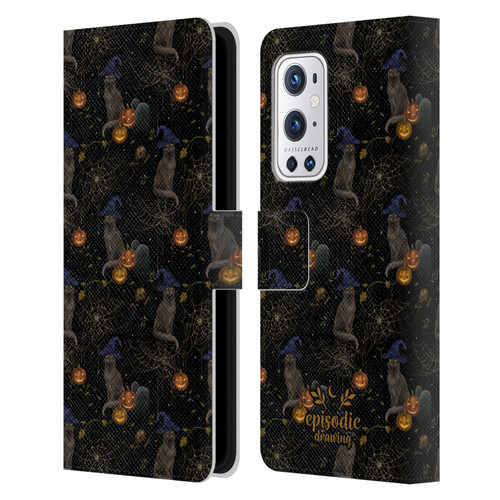 Episodic Drawing Spooky Patterns Cat's Halloween Hat Leather Book Wallet Case Cover For OnePlus 9 Pro