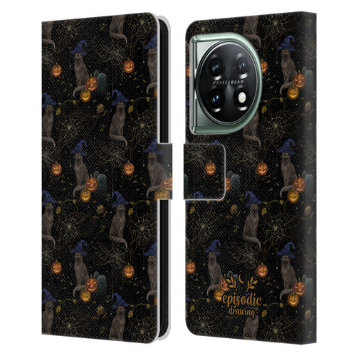Episodic Drawing Spooky Patterns Cat's Halloween Hat Leather Book Wallet Case Cover For OnePlus 11 5G